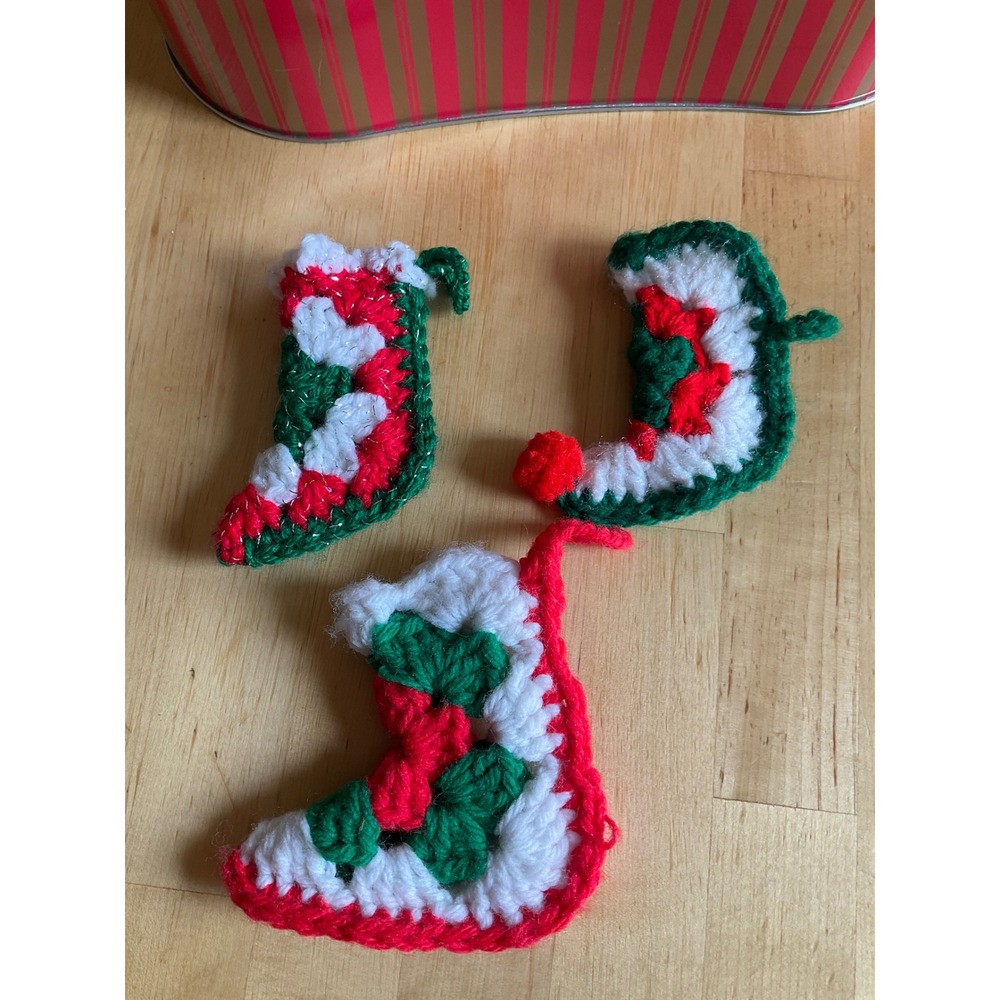 Vintage Handmade Crochet Christmas Ornaments Set of 3 Red Green White Stockings